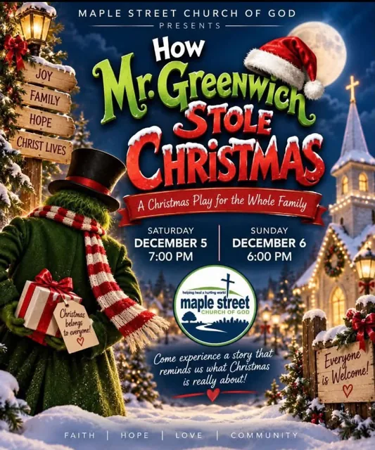 How Mr. Greenwich Stole Christmas flyer for December 5 at 7 p.m. and December 6 at 6 p.m.